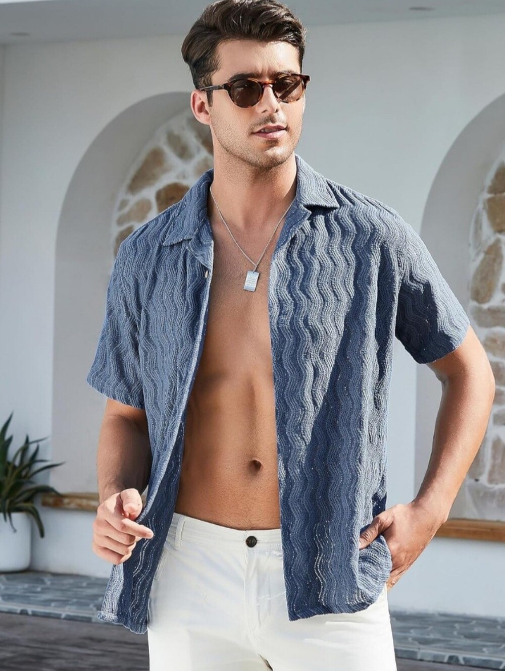 Men’s 2XL Blue Textured Knit Button Up Camp Collar Shirt Beach Resort Coastal